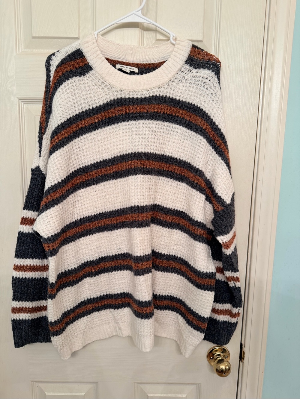 American Eagle Outfitters Cream Sweater with Rust and Charcoal Stripes